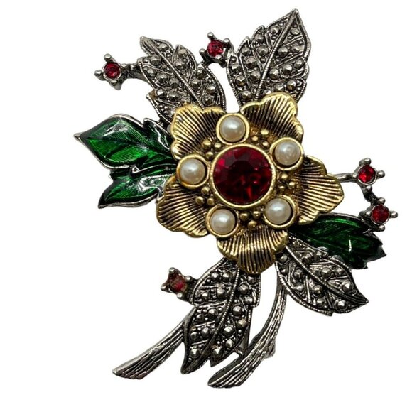 Vintage Avon Festive Floral Brooch Pin Faux Pearl Red Rhinestones - Picture 1 of 13
